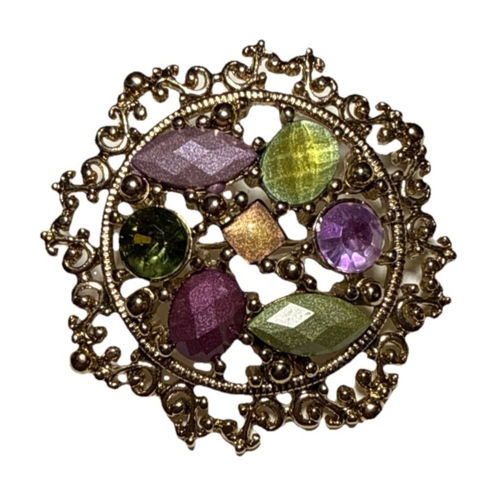 Vintage Gold Tone Intricate Brooch Green And Purple Rhinestones J20-7